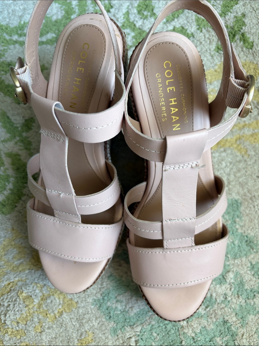 Cole Haan Light Pink Leather T-Strap Wedge Sandals